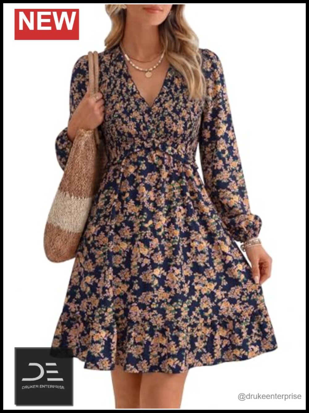 Women's Floral Chiffon Mini Dress Long Sleeve Smocked Casual Wedding Guest